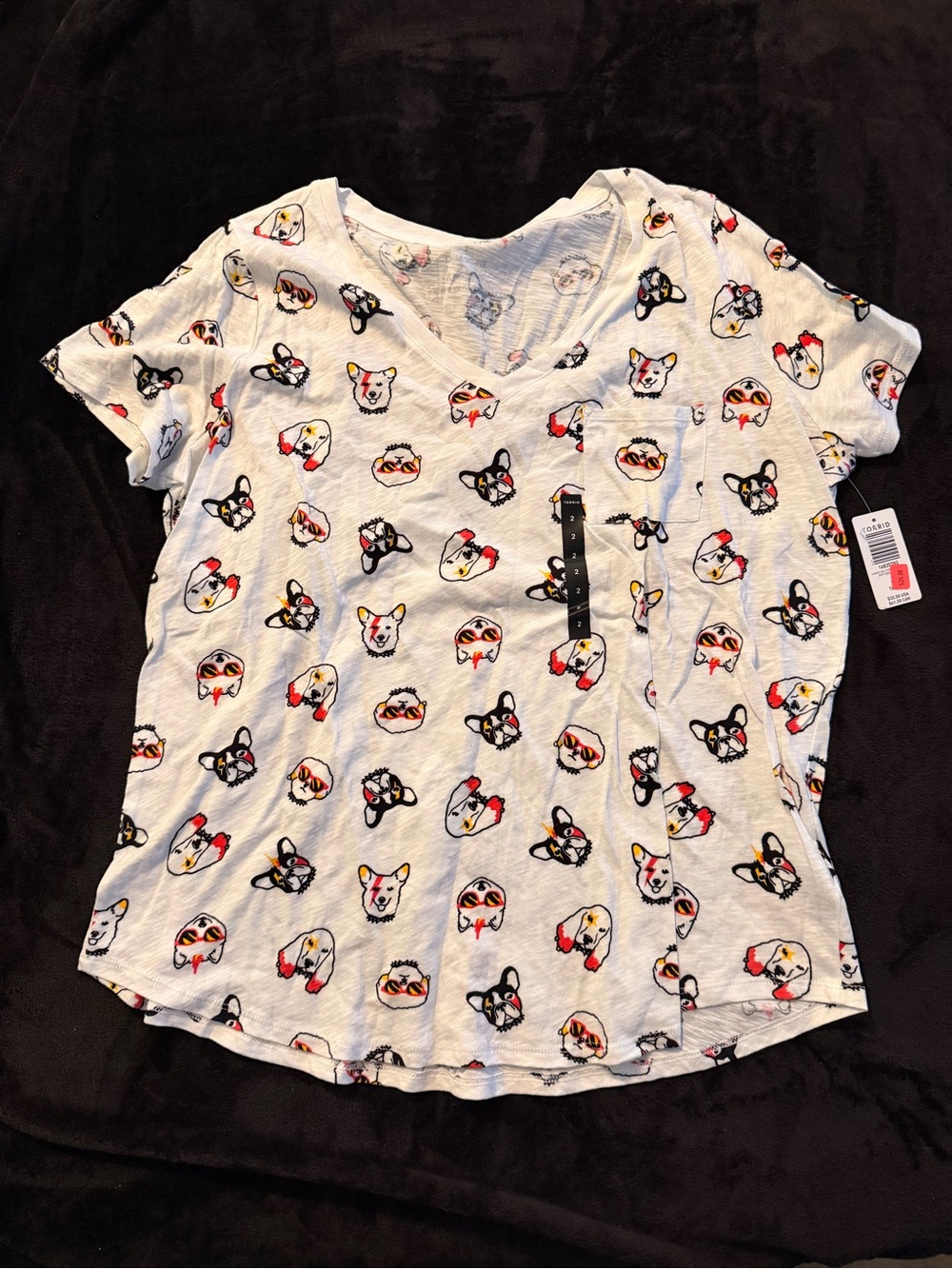 torrid White Tee with Black and Red Dog Faces and Yellow Accents